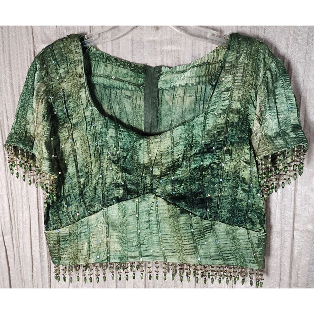 Green Satin Crop Top M/L Sequin Tassel Beaded Renaissance Festival